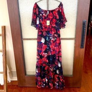 Anthropologie dress by Raga in black with red floral print in size small/med nwt